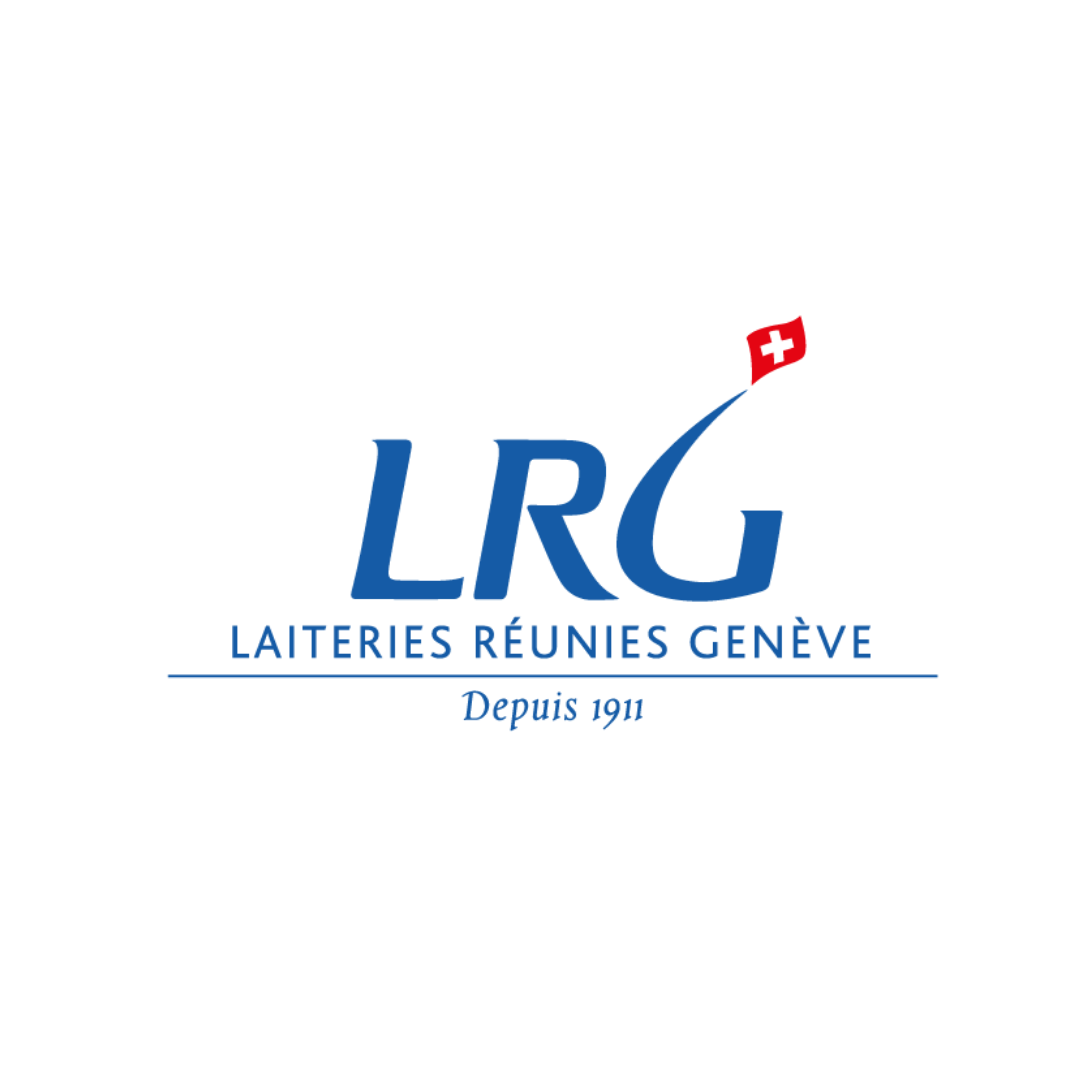 Logo der Laiteries Réunies Genève mit blauer Schrift, ein rotes Schweizerkreuz, und einem Slogan 'Depuis 1911'.