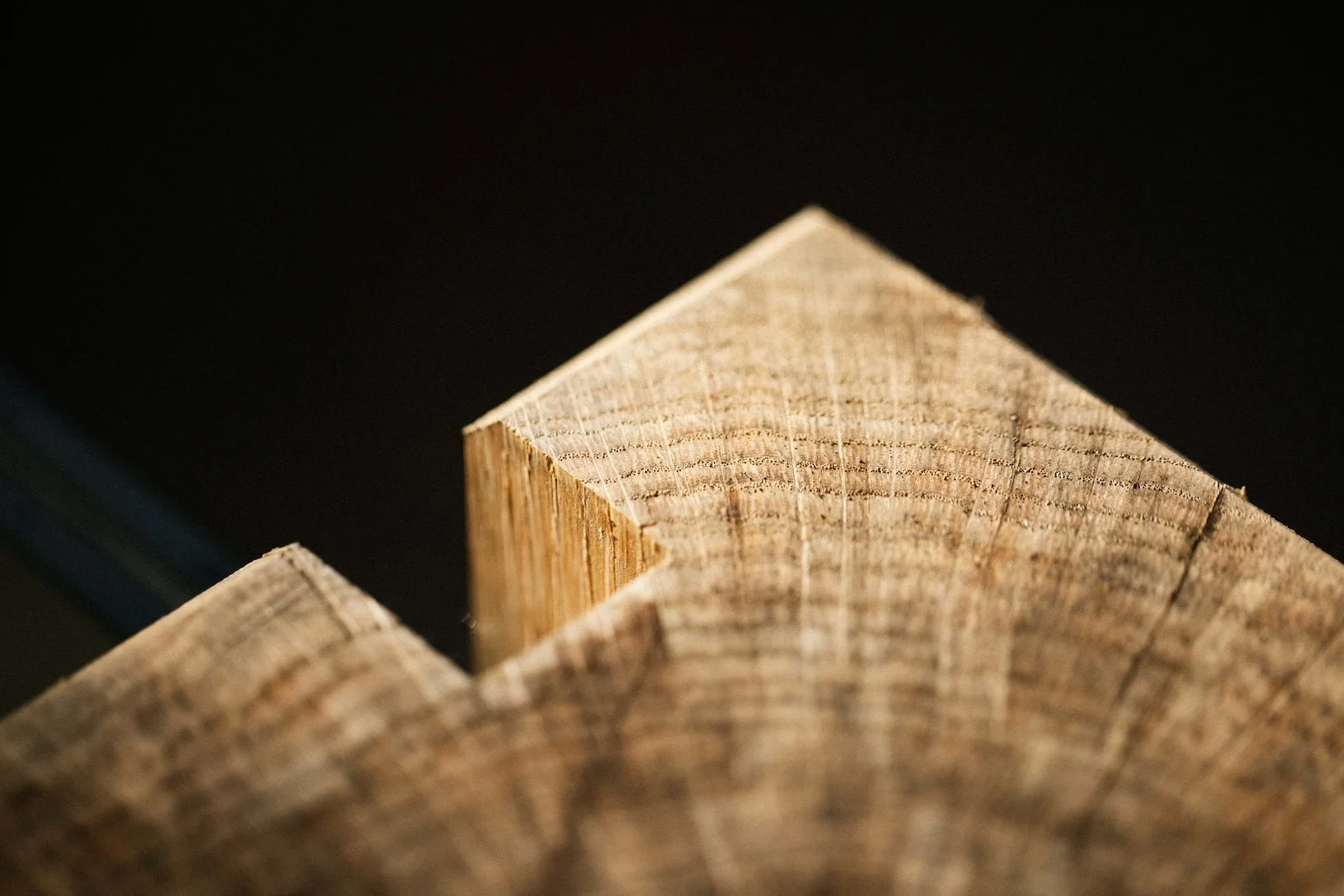 Close-up of wooden logs showing the texture and growth rings against a dark background.