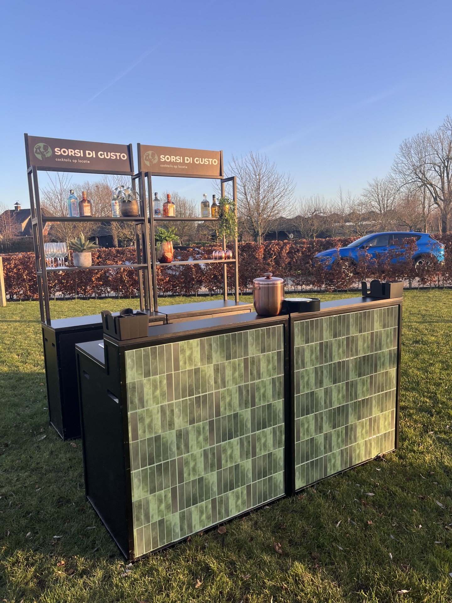 Een mobiele bar met een opstelling voor cocktails, gevestigd buiten op een grasveld, met verschillende alcoholflessen en decoraties, onder een duidelijke blauwe hemel.