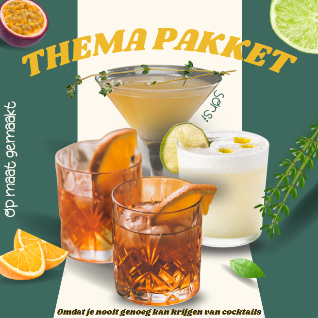 Een affiche met verschillende cocktails en fruit, inclusief limoen, sinaasappel, passievrucht, en citroen, met tekst in het Nederlands.