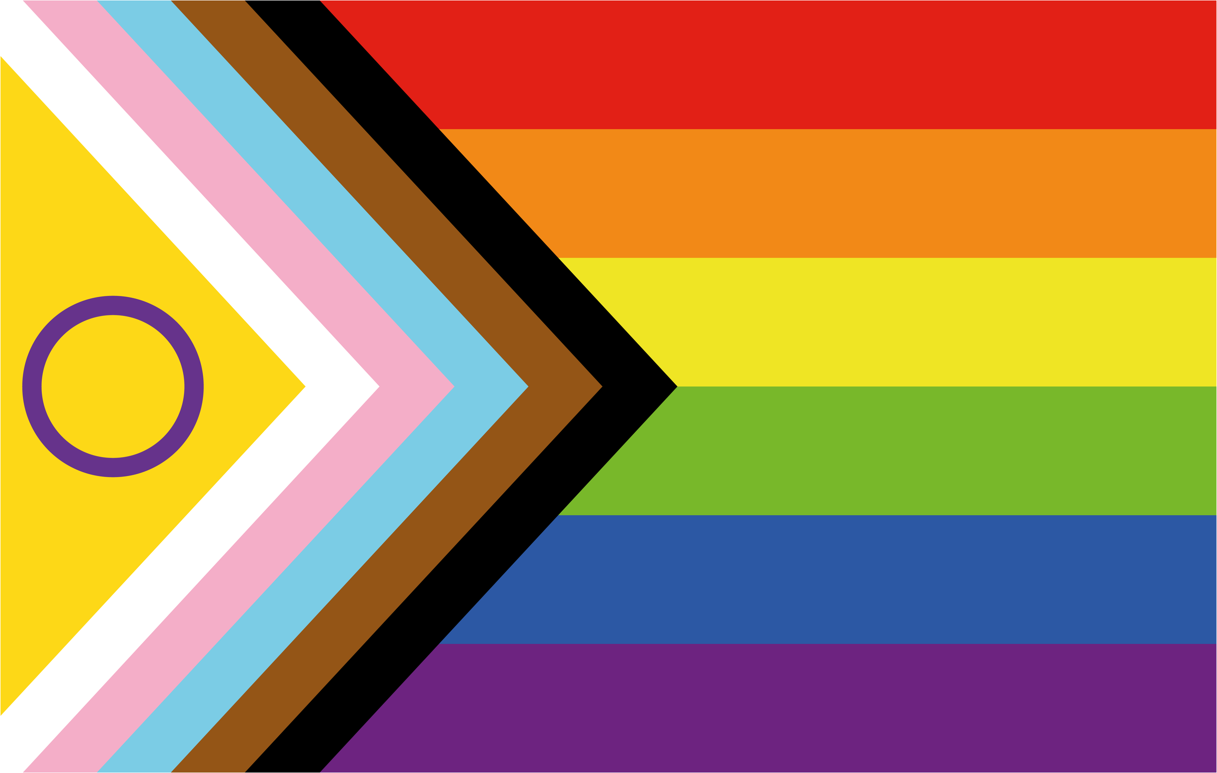 LGBT pride flag with a large yellow triangle on the left and a purple circle near its center, overlapping stripes of red, orange, yellow, green, blue, and purple.