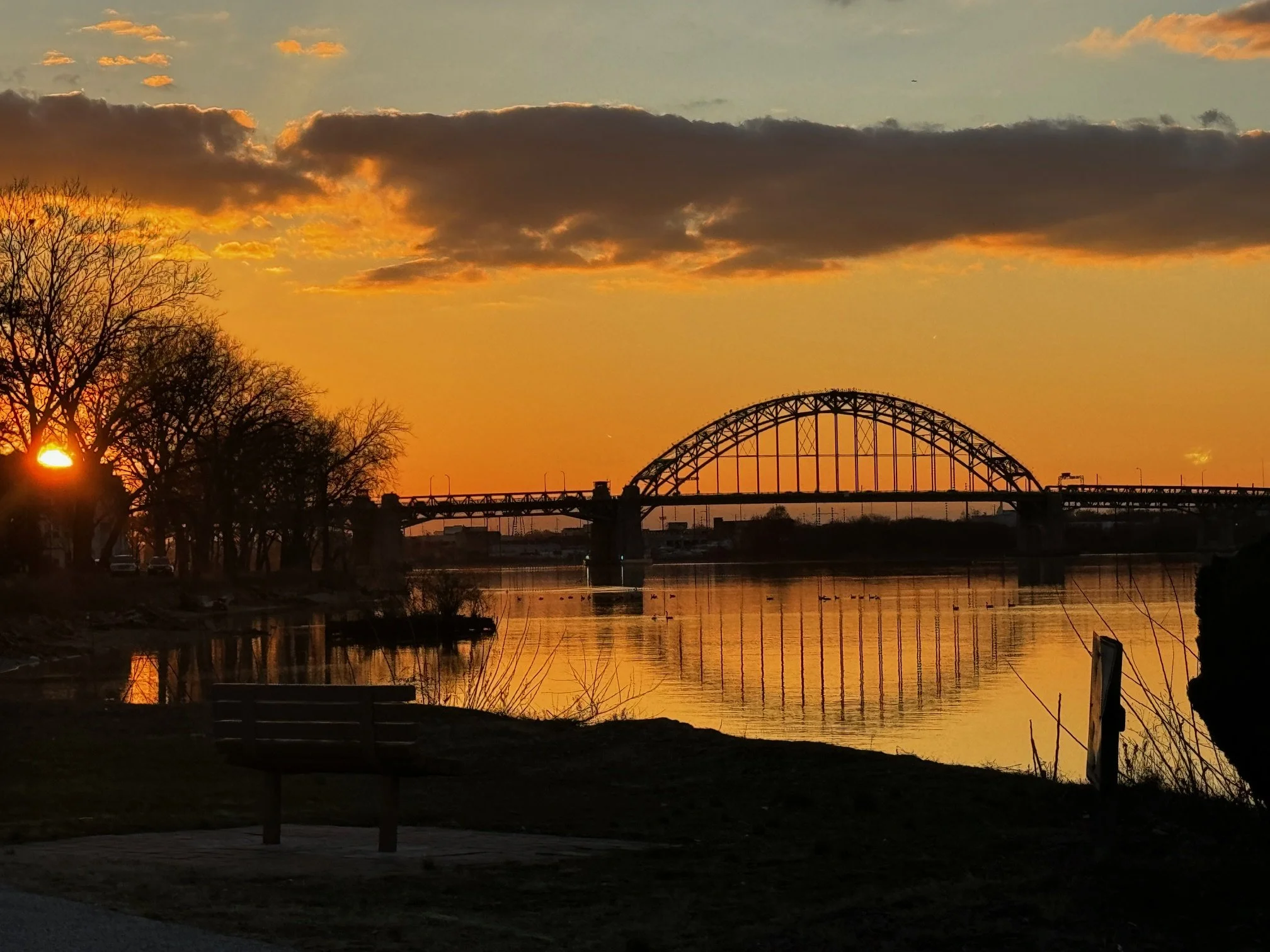 Sunset over the Delaware river with Tacony-Palmyra Bridge and trees, reflected on the water.