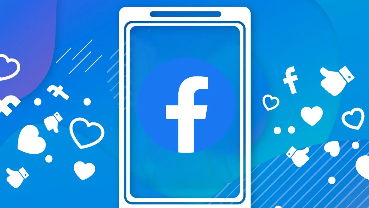 Icon of a smartphone with the Facebook logo on its screen, surrounded by Facebook Like, Heart, and Thumbs Up icons on a blue background.
