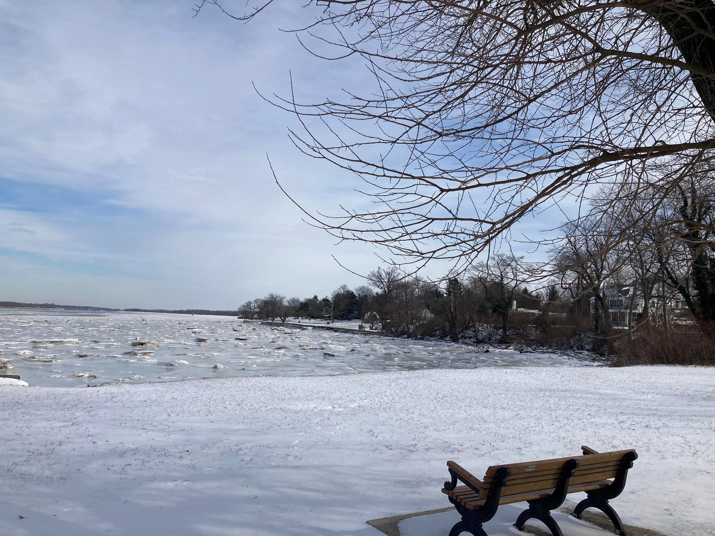 Even winter is picturesque at Palmyra Harbour. The snow-covered riverbank with wooden benches in the foreground, bare trees extending over the snowy landscape, and a frozen river under a partly cloudy sky all make for a beautiful view.