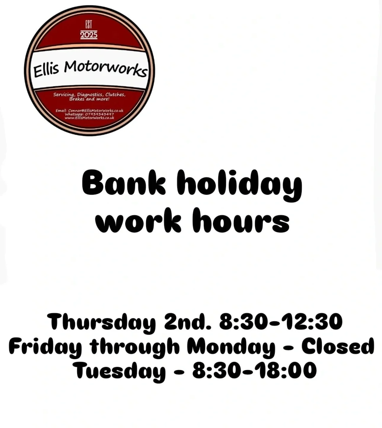 Going away for a long weekend so Thursday will be a half day! Be back Tuesday as normal 😁
 
5⭐ reviews on Google !
If you have any problems with your car / needing any maintenance with a service due etc please feel free to enquire via messaging me d