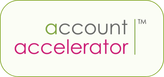 Logo for 'account accelerator' with 'account' in green and 'accelerator' in pink on a white background