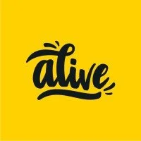 Yellow background with the black word 'alive' in stylized script.