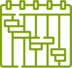 Black and white image of a man walking with a briefcase in hand, sitting at a kiosk with a decorative sign, in front of a building with trees around.