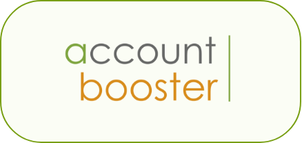 Logo with the words 'account booster' in green, gray, and orange text on a white background with a green border.