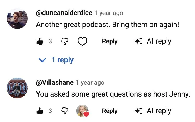 Screenshot of an online comment thread discussing podcasts and questions for a host named Jenny, with profile pictures of two users.