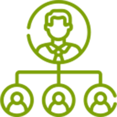 Black and white image of a man walking with a briefcase in hand, sitting at a kiosk with a decorative sign, in front of a building with trees around.