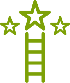 Outline illustration of a ladder with three stars above it, with one larger star at the top.