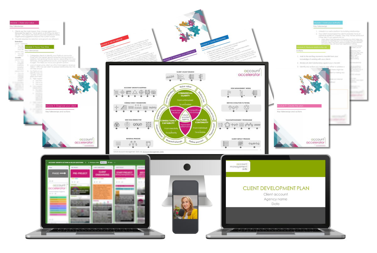 Multiple electronic devices displaying various marketing and client development materials, including presentation slides, diagrams, plans, and a video call with a woman.