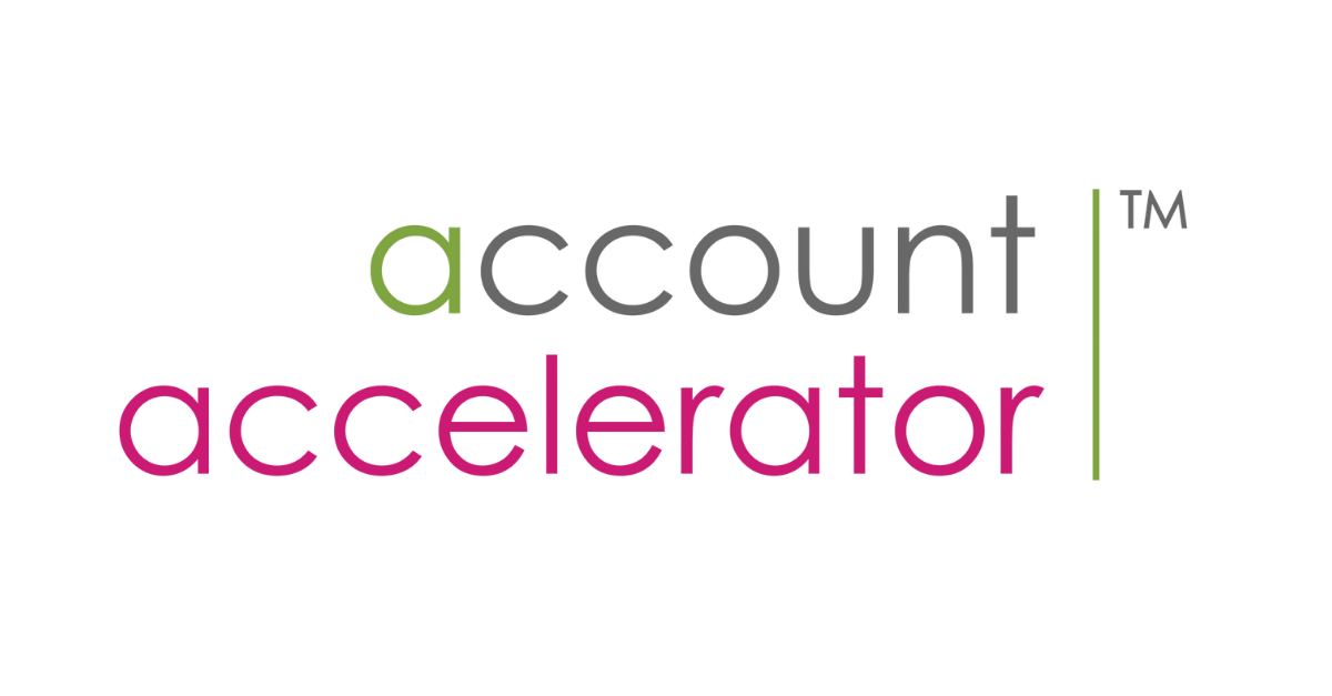 Colorful text graphic with the words 'account' in gray and green and 'decerator' in pink, with a green arrow pointing to the right.