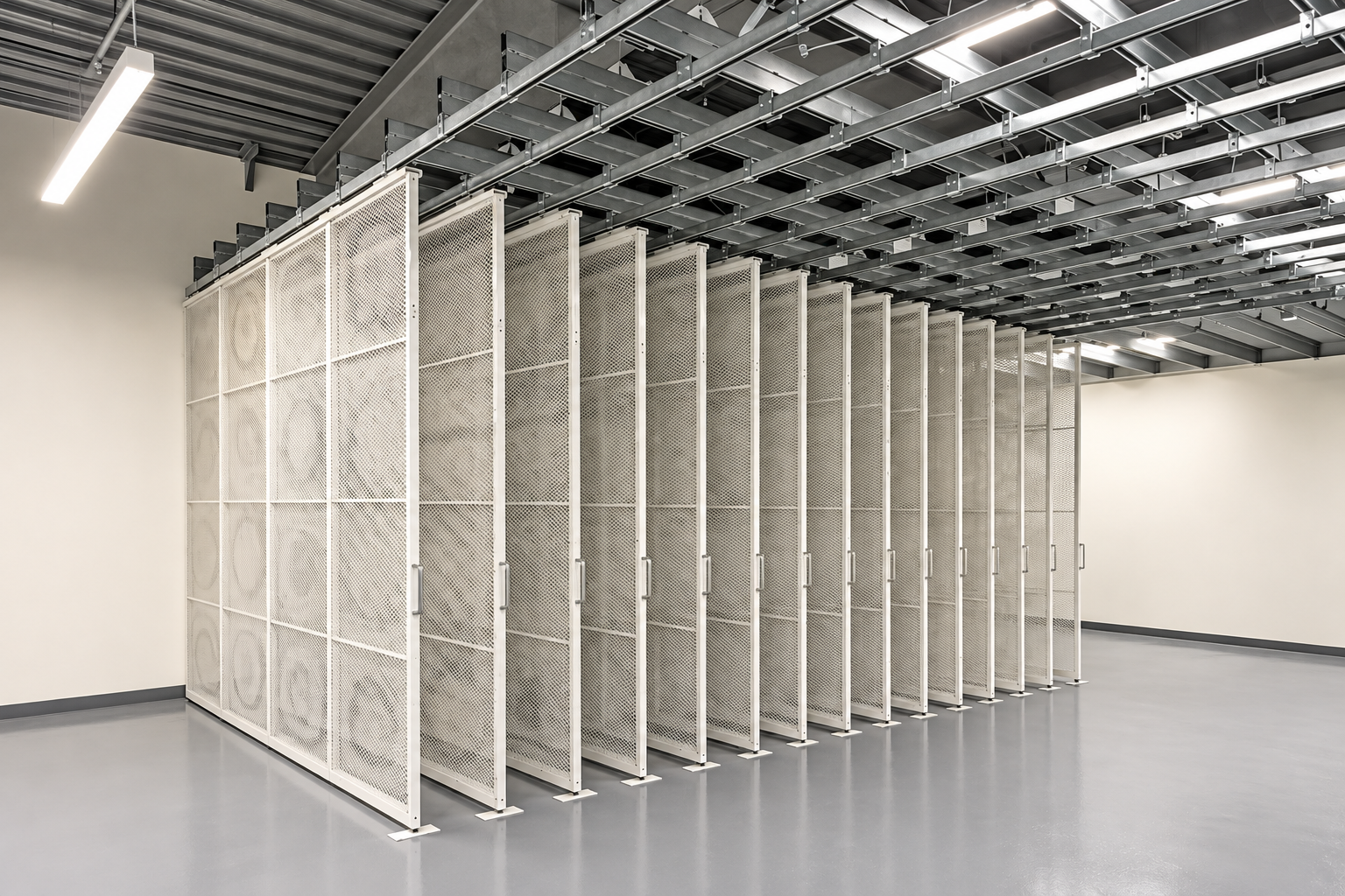 Row of white metal storage lockers or cubicles with doors, in a modern industrial setting.