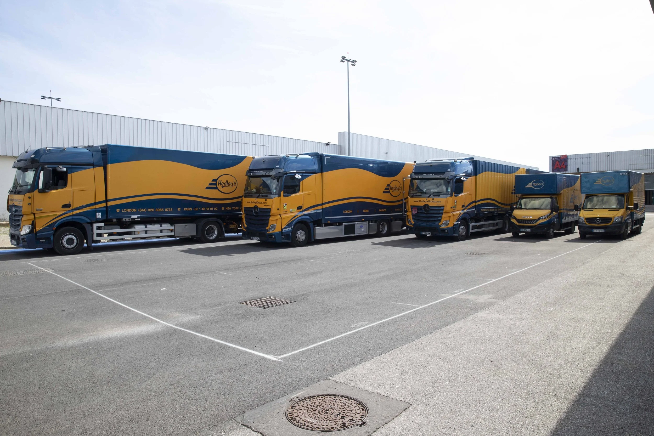 Five trucks of different sizes parked in a lot outside a warehouse, all painted in blue and yellow with Hedley's branding.