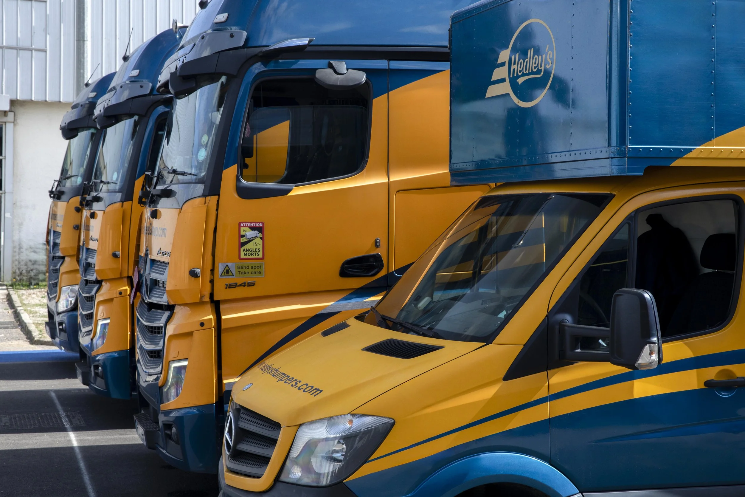 Three yellow and blue delivery trucks parked side by side, with the front truck's cabin visible, featuring the Hedley's logo on the blue cargo area.