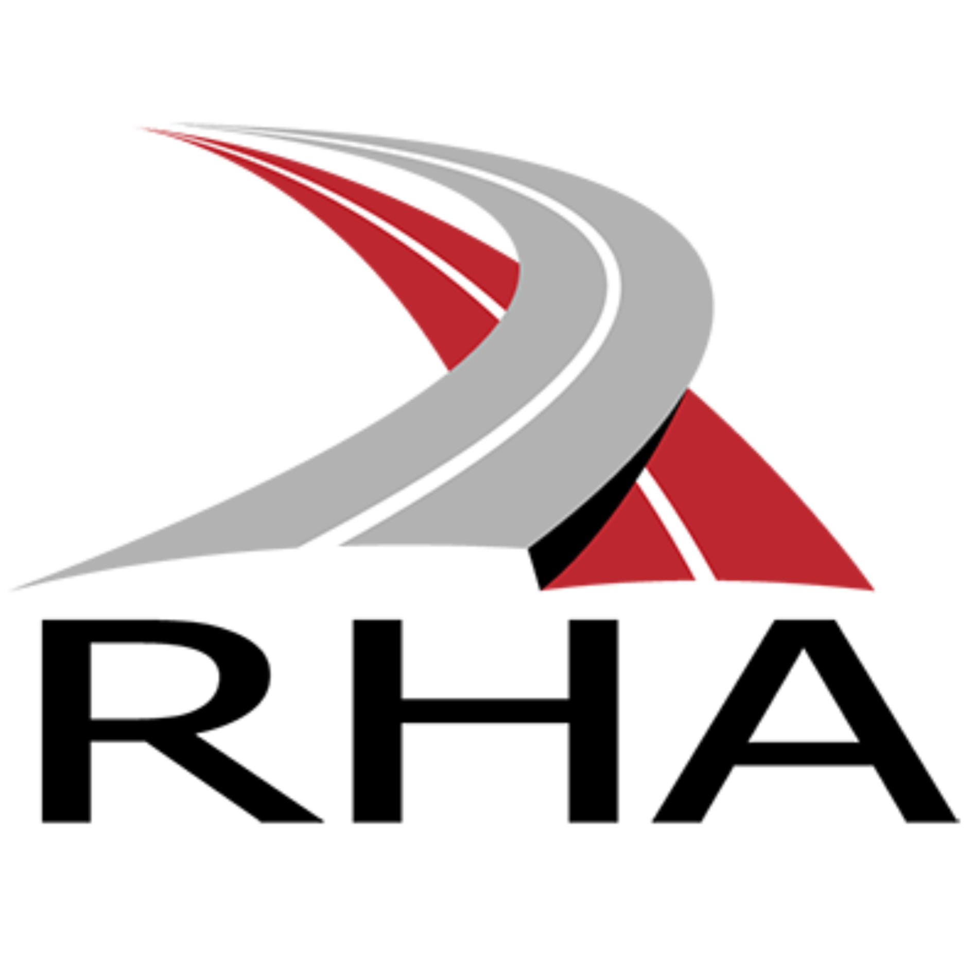 Curved highway with gray road and white lane markings, journeying over a red bridge or structure.