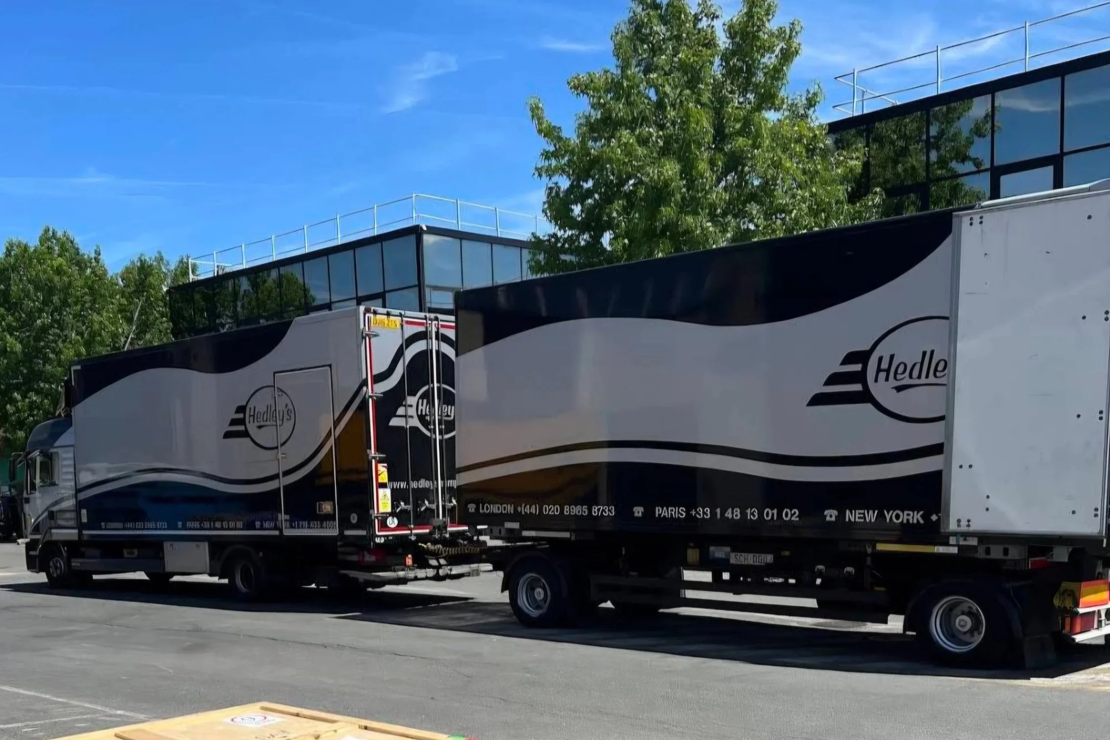Two large black and white Hedley's trucks parked side by side on a paved parking lot with green trees and a modern glass building in the background.