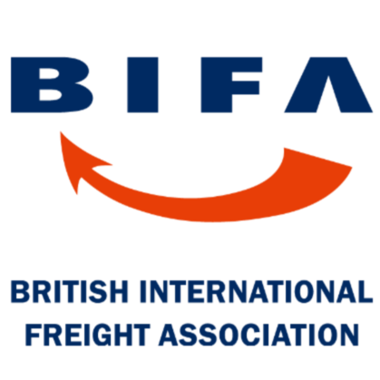 Logo of the British International Freight Association featuring the acronym BIFA and an orange arrow curved underneath.