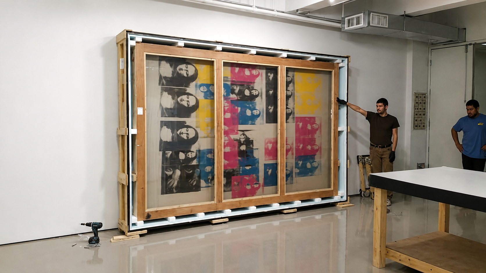 Wooden crates and pallets inside a warehouse with metallic walls and ceiling-mounted air conditioning units.