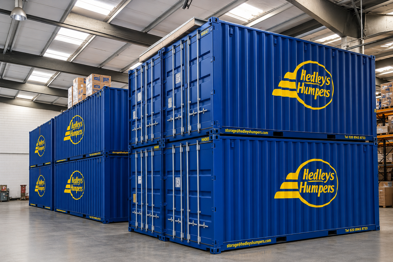 Multiple blue shipping containers inside a warehouse with a high ceiling and skylights.