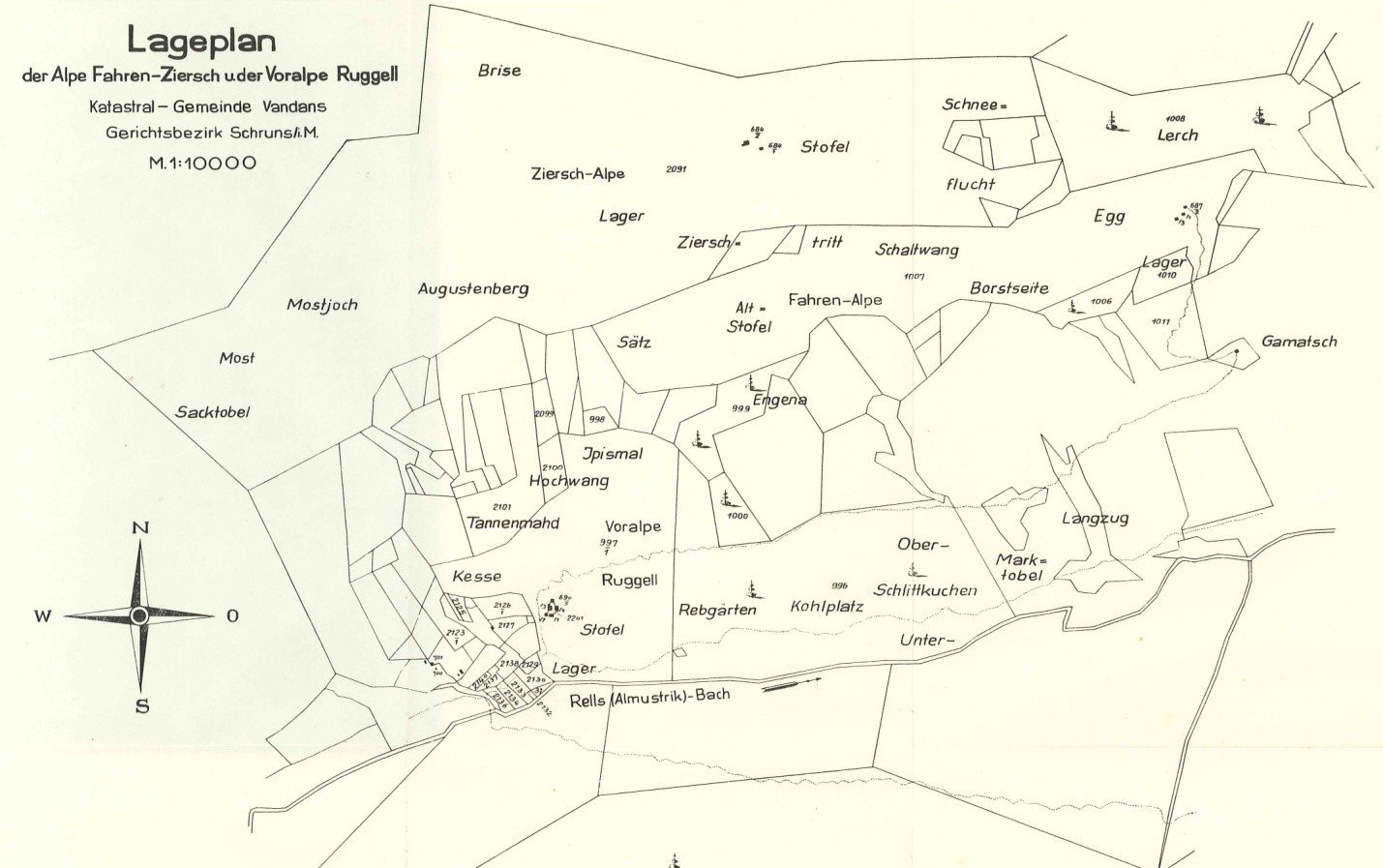 Landkarte des Alpe Fahren in der Gemeinde Vandans mit Wegeinschätzungen, Höhenangaben und verschiedenen geografischen Merkmalen.