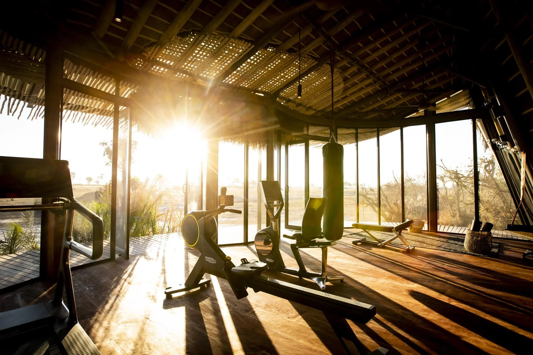 Home gym with exercise equipment including a rowing machine, treadmill, and punching bag, illuminated by sunlight through large windows.