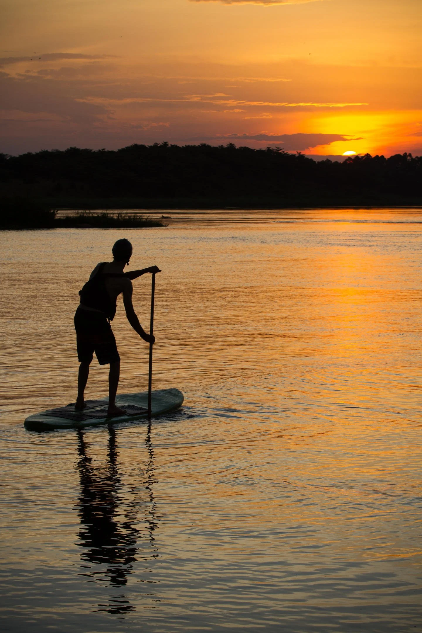 Silhouette of a person paddleboarding on a body of water during sunset, with the sun partially visible behind distant trees.