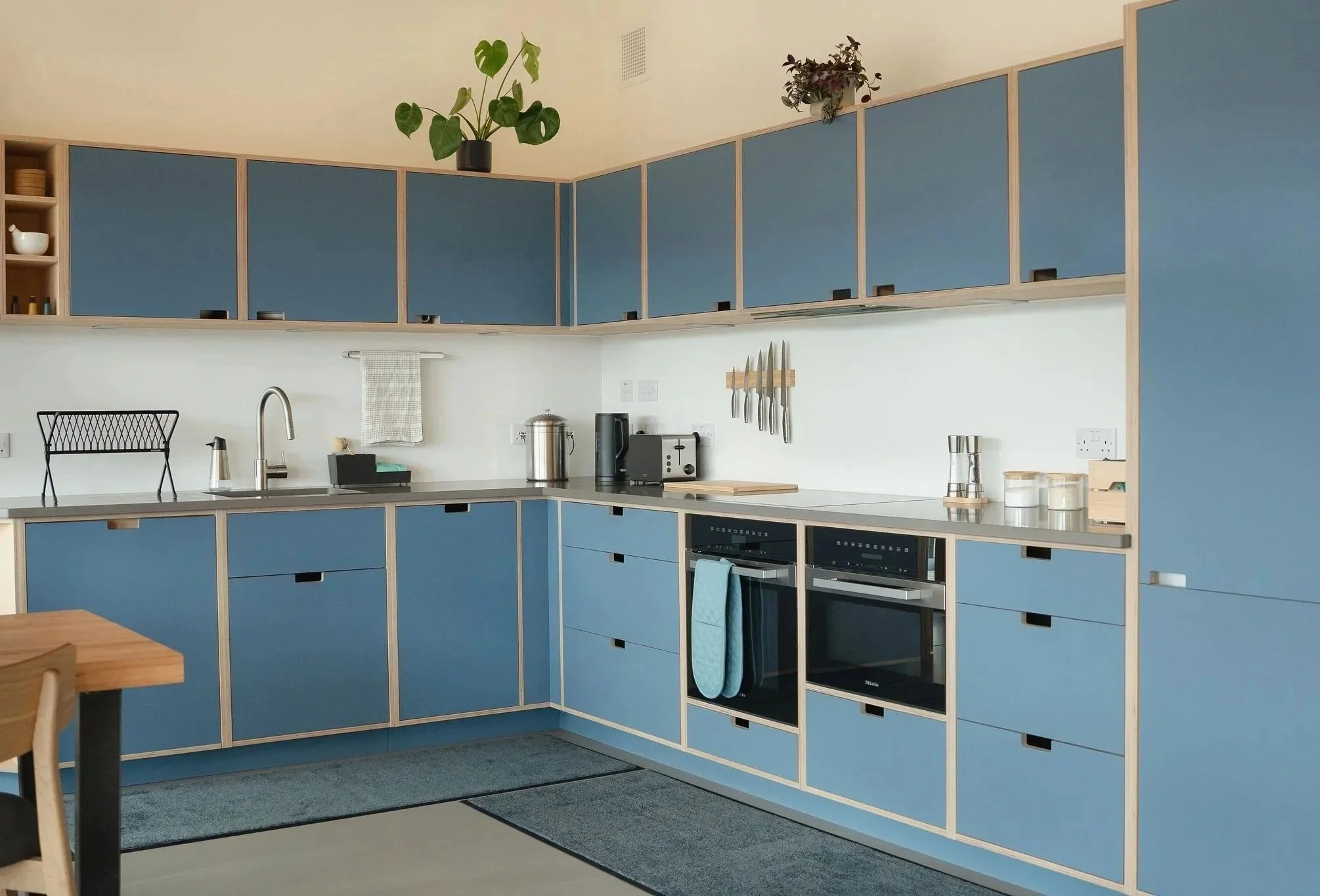 Küche mit blauen Schränken, schwarzen Arbeitsplatten und verschiedenen Geräten, darunter Geschirrspüler, Backofen, Mikrowelle, Toaster und Wasserkocher. Es gibt offene Regale mit Geschirr, an der Wand hängen Messer, auf den Schränken stehen Pflanzen und auf dem Boden liegt ein grauer Teppich