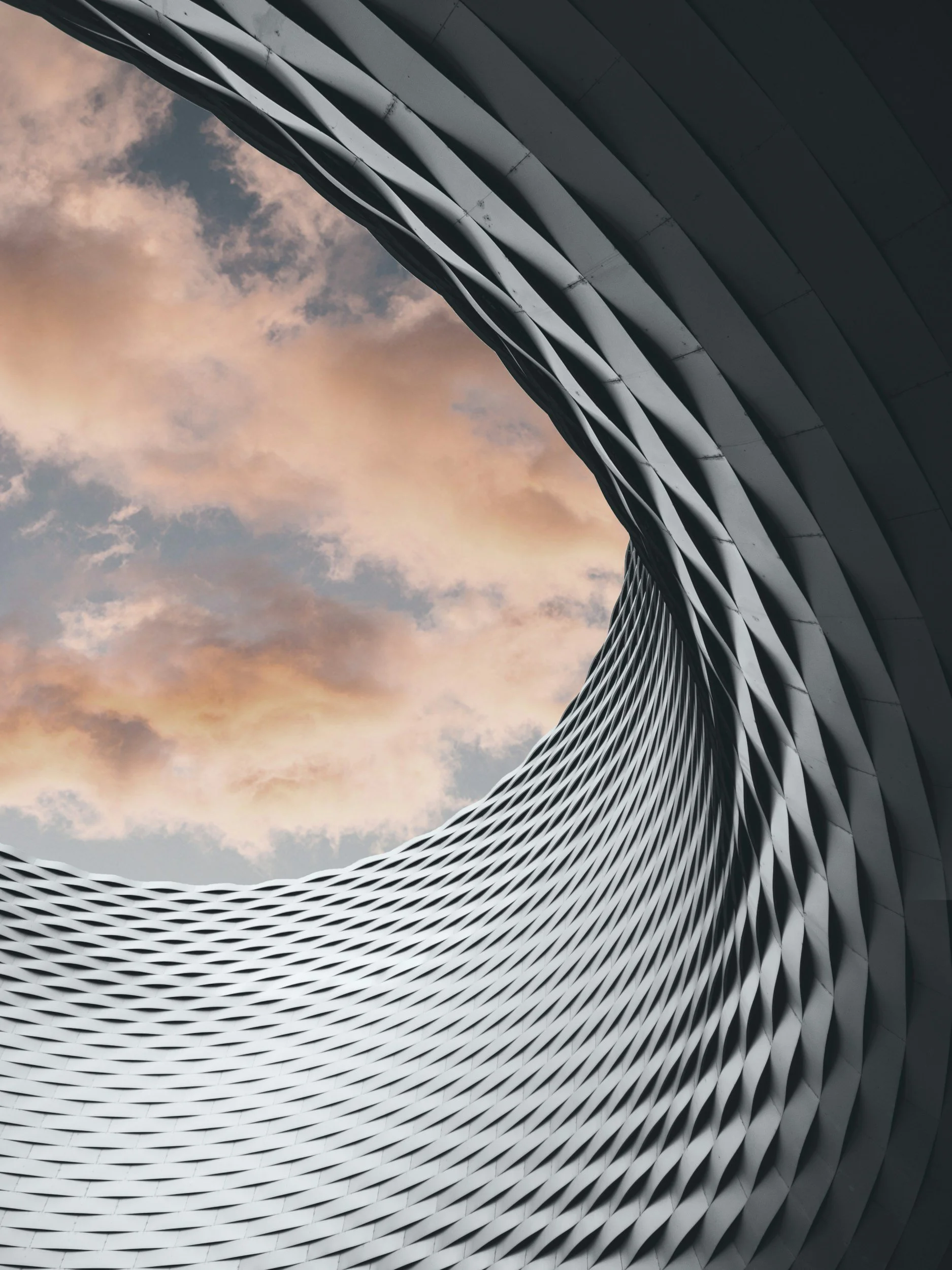 A modern architectural building with a curved, textured exterior against a cloudy sky.