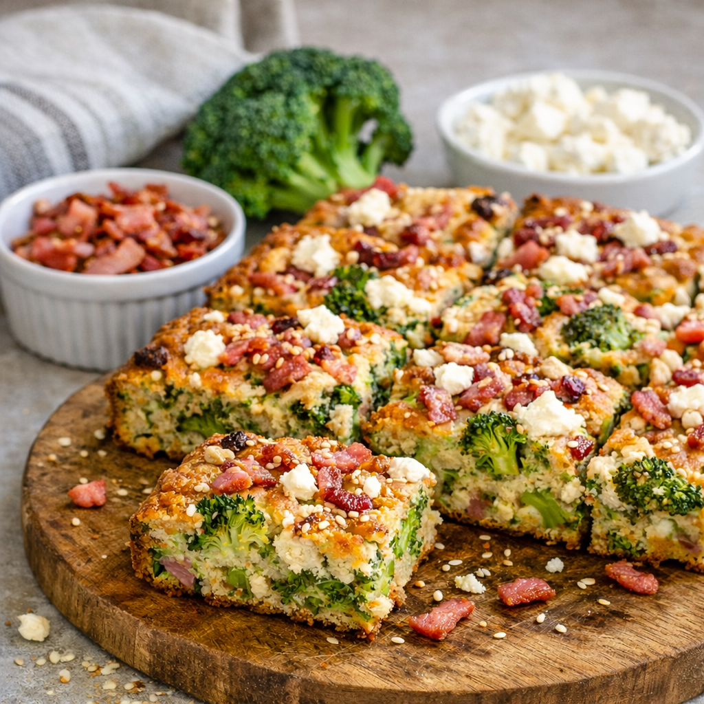Brownie brocolis, bacon, fêta