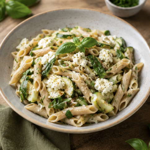 Pâtes complètes, courgette, ricotta et basilic