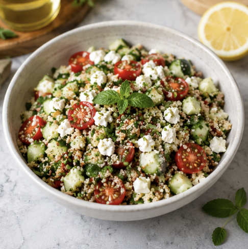 Salade de quinoa,  concombre, feta et herbes fraîches