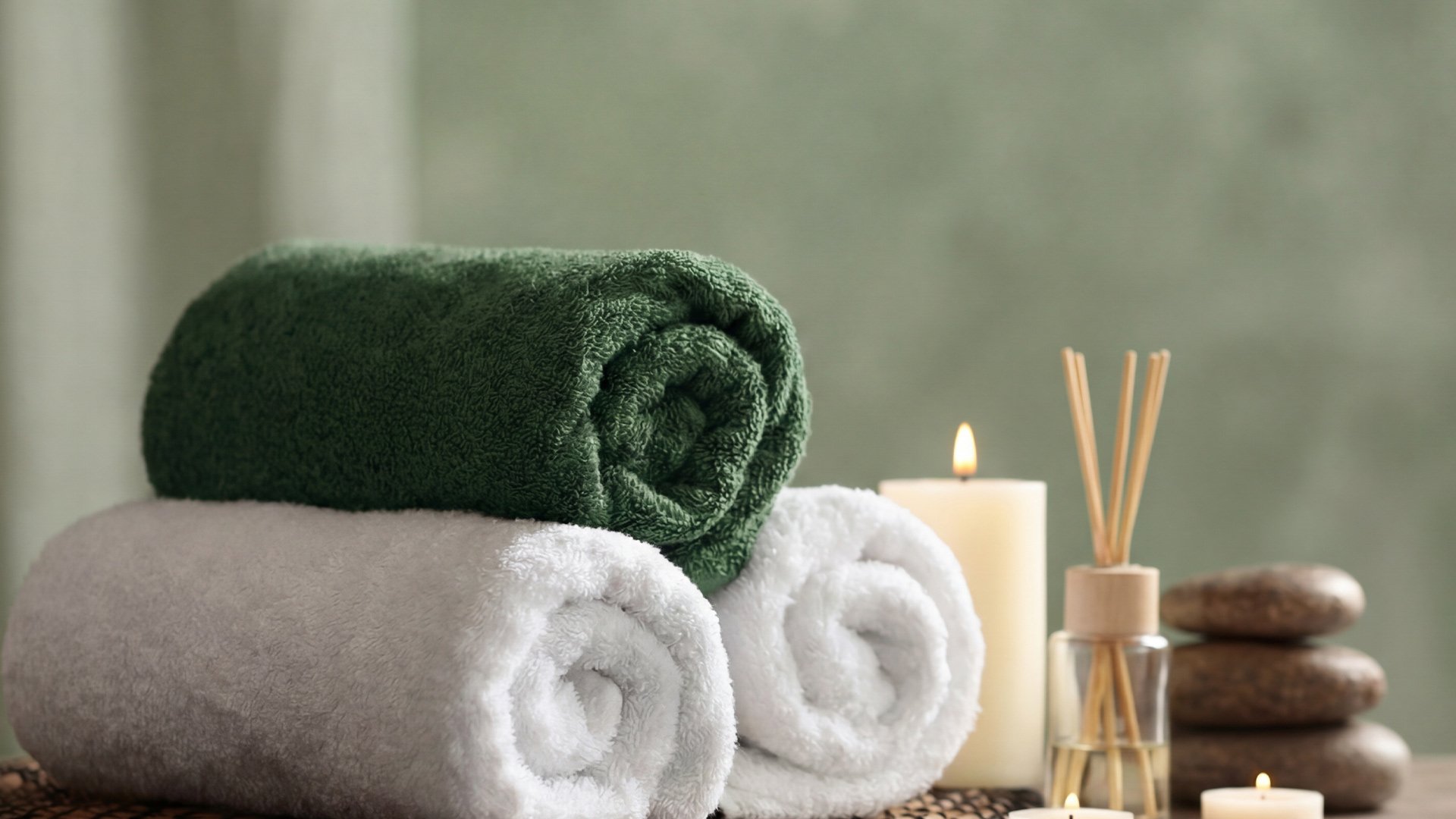 Image of white and green towels, rolled and ready for use, behind the towels there is a candle burning and incense sticks.