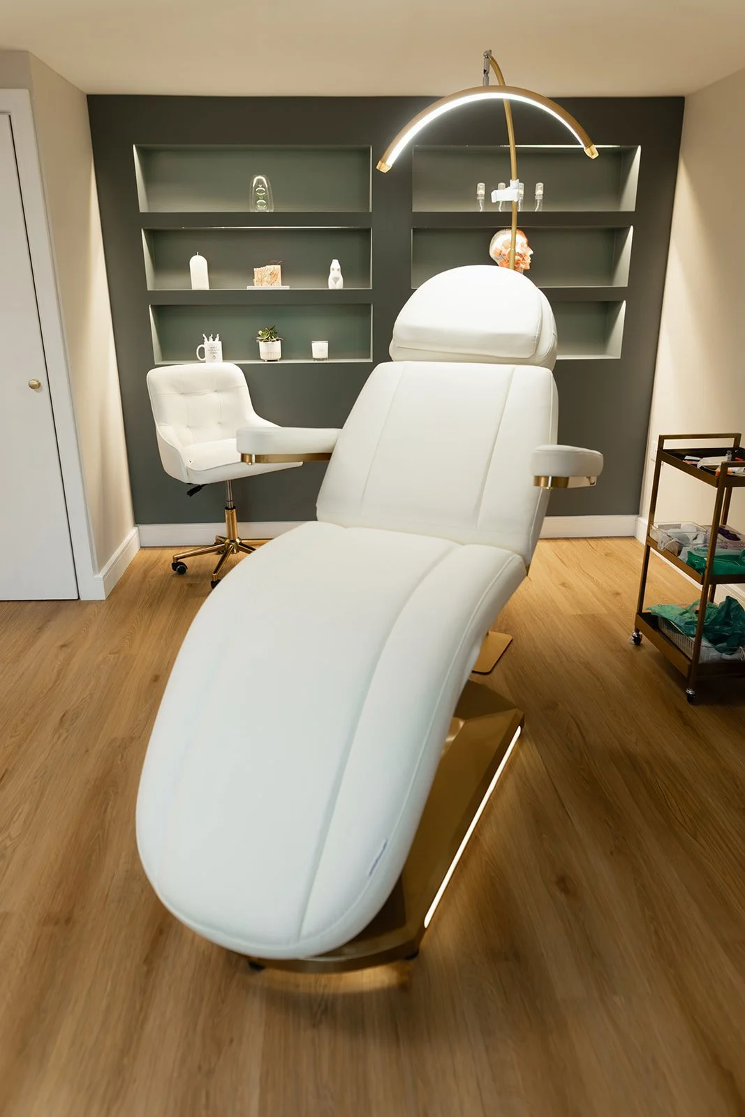 View inside the clinic of the treatment chair, it is white leather, looks comfortable, with shelves in the background