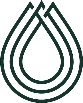 A stylized, abstract logo resembling water drops or teardrops in dark green color.