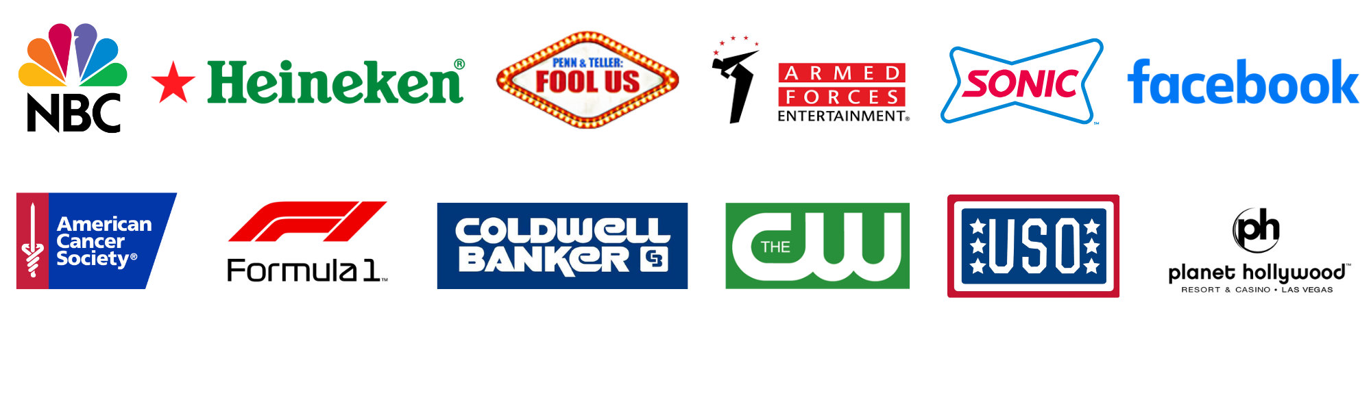Logos of major companies magician Ben Young has performed shows for.