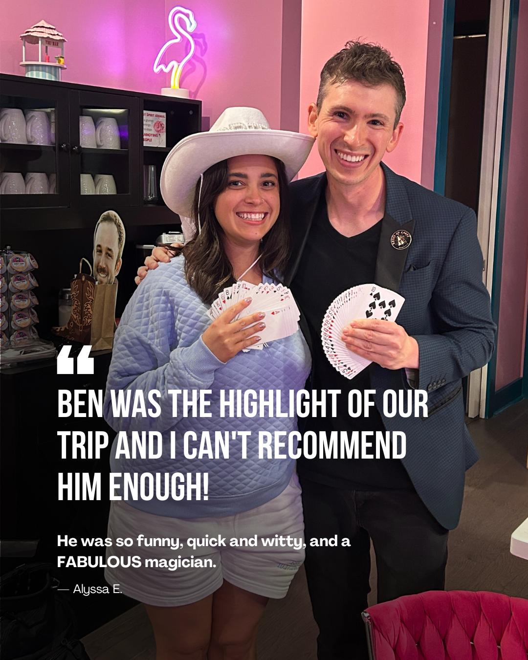 Bachelorette party magician Ben Young with bride-to-be after magic show. Testimonial overlay says "Be was the highlight of our trip and I can't recommend him enough! He was so funny, quick and witty, and a fabulous magician