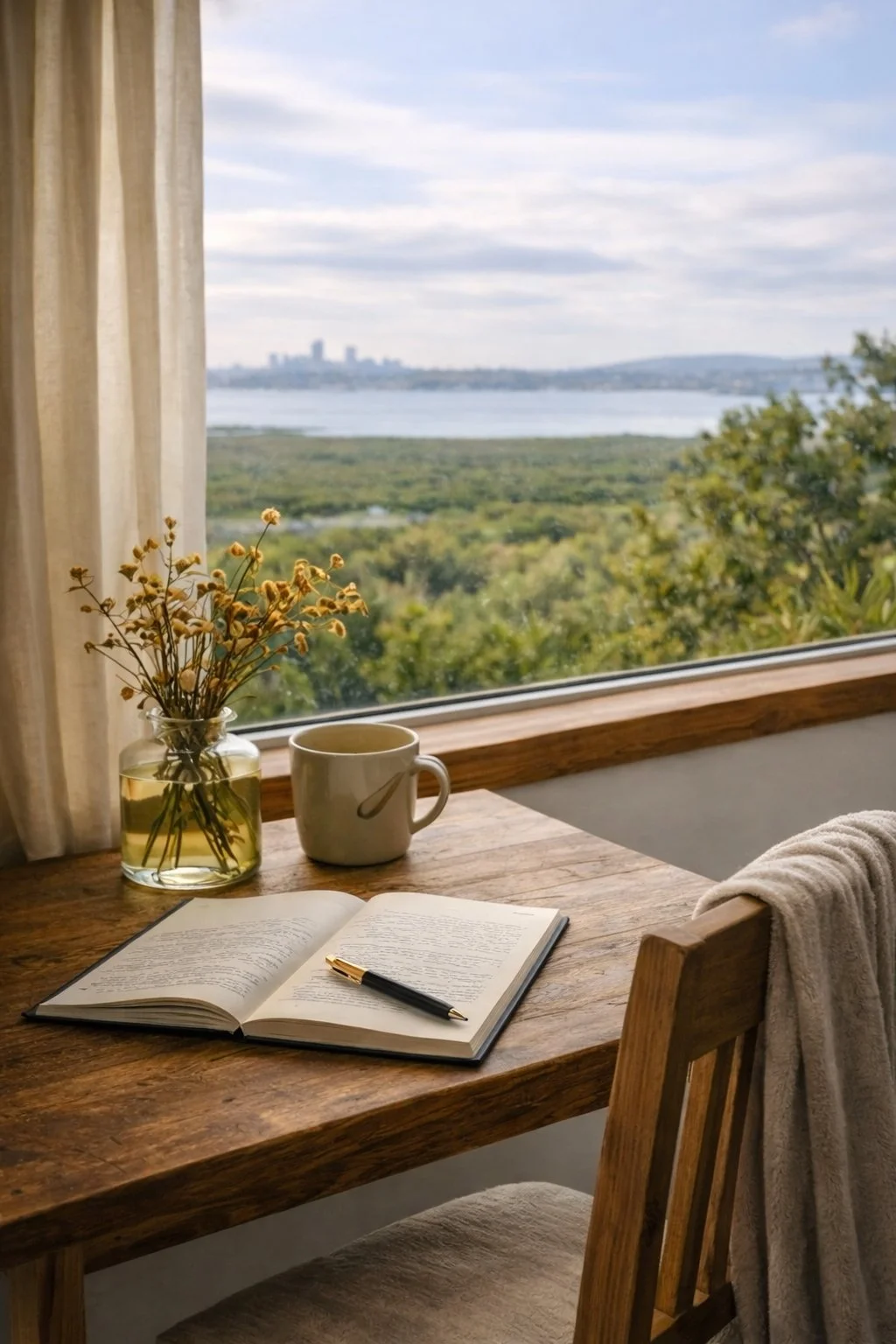 Writing desk overlooking the coast at Retreats at Eden, Te Atatū Peninsula, Auckland