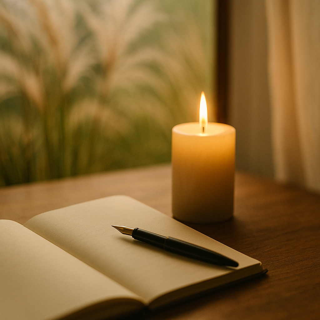 A lit candle on a wooden table beside an open notebook with a black pen resting on its pages, and a blurred nature scene in the background.