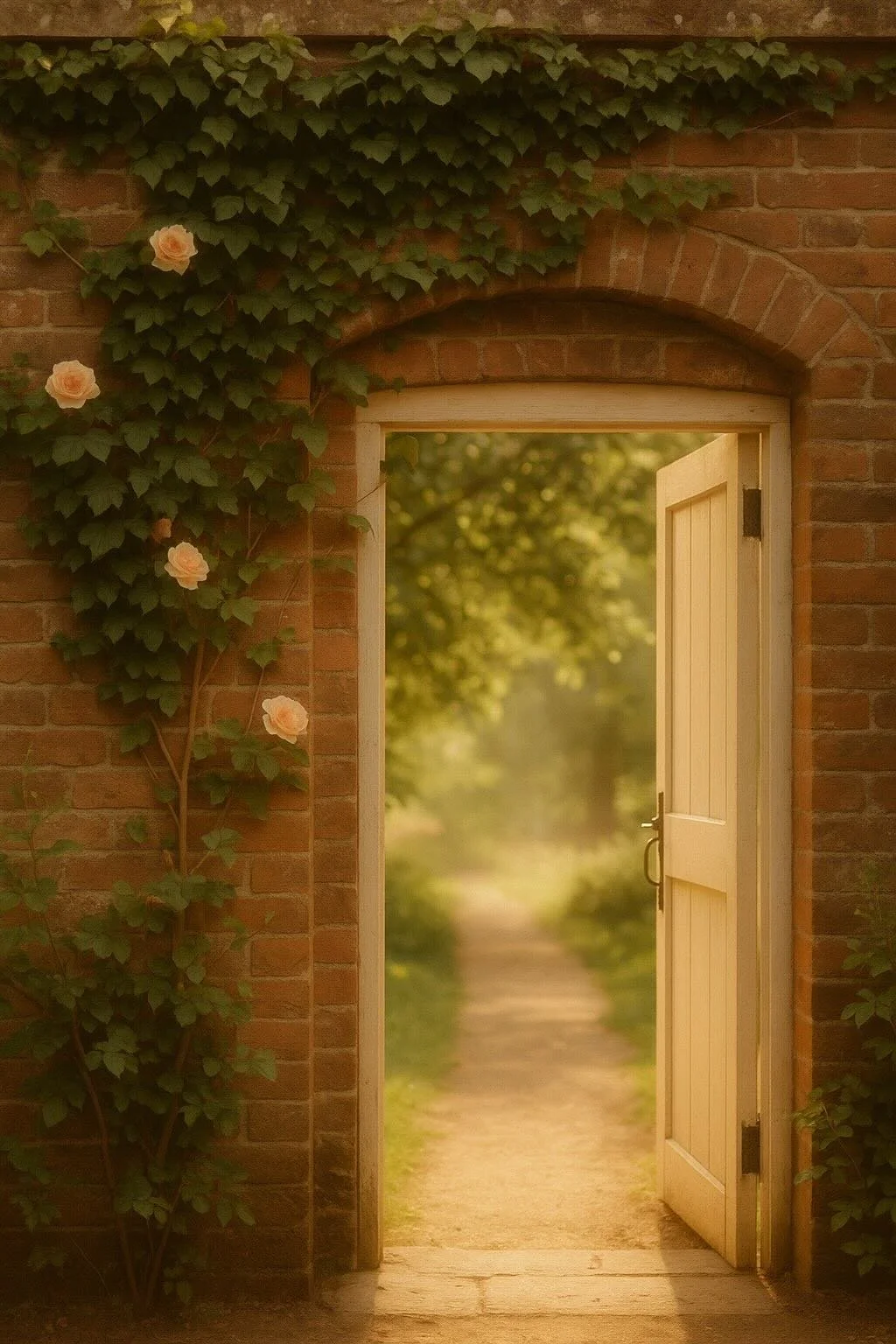 Open wooden gate set in a brick wall with ivy and pink roses, revealing a sunlit dirt path lined with greenery.