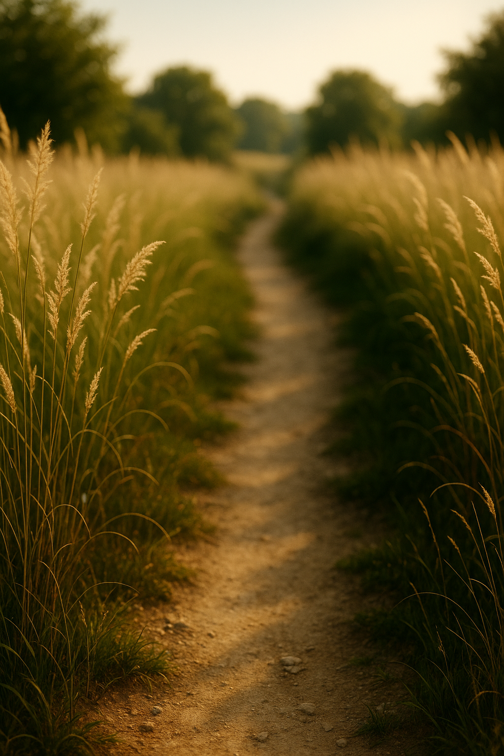 A dirt pathway running through a field of tall grass during sunset with trees in the background.