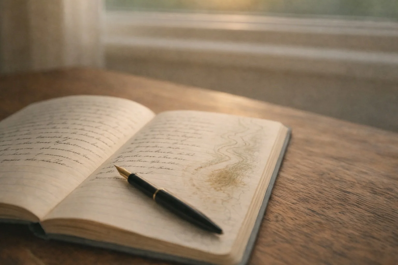 Open notebook with handwritten text and a black pen resting on it, placed on a wooden surface near a window with blinds.