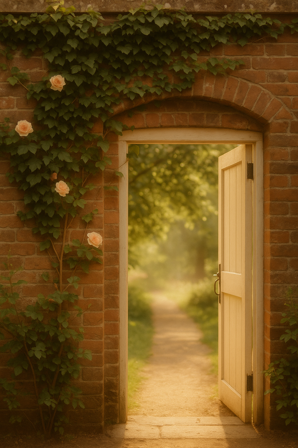 Open wooden gate set in a brick wall with ivy and pink roses, revealing a sunlit dirt path lined with greenery.