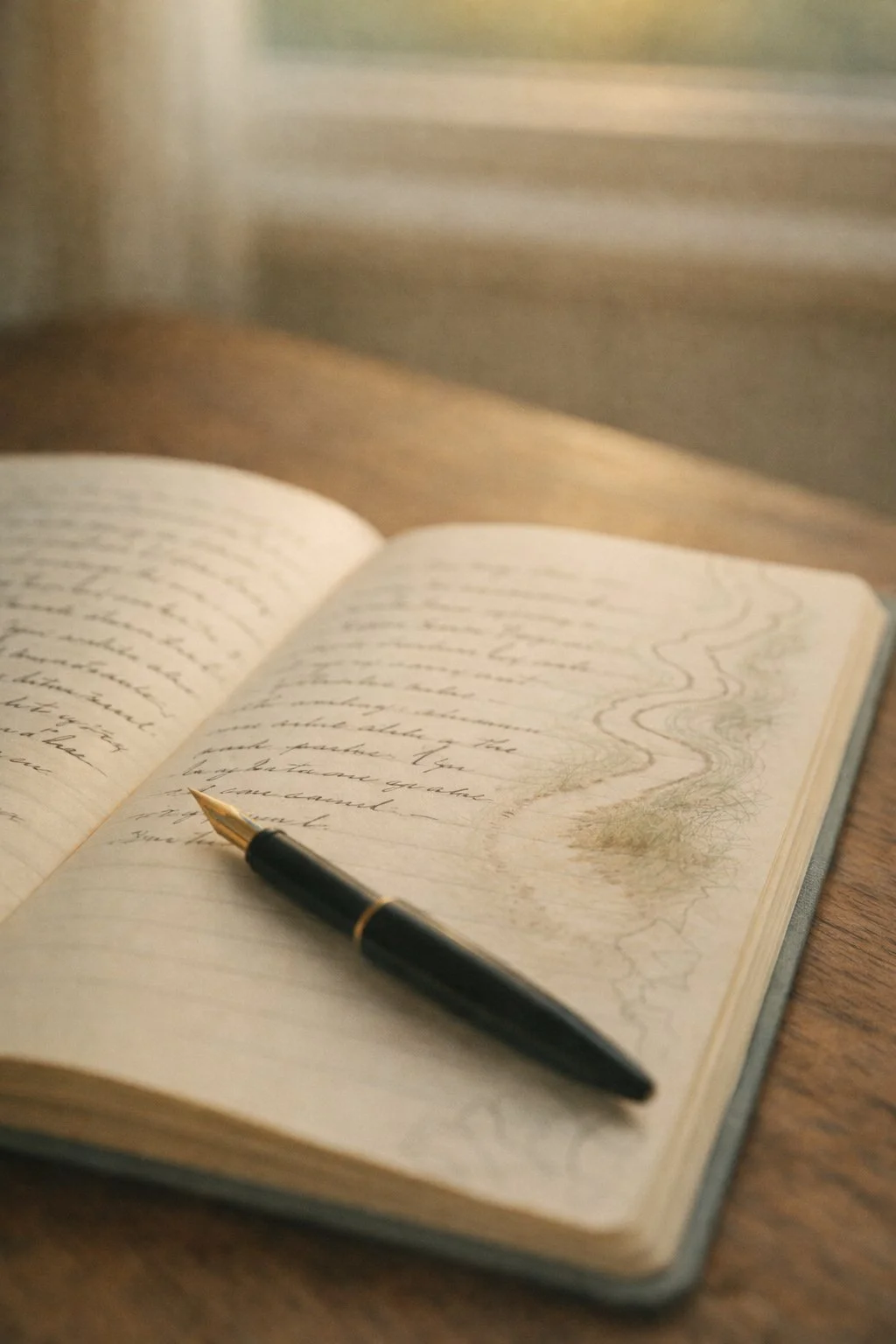 Open notebook with handwritten text and a black and gold pen on a wooden surface, with blurred background.