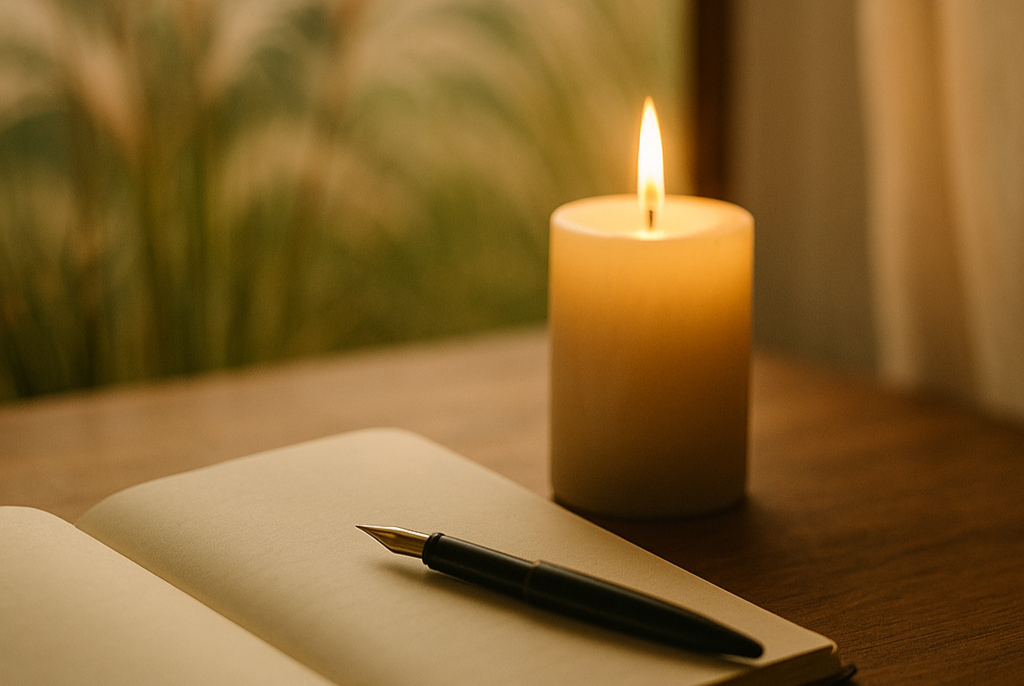A lit candle next to an open notebook and a pen on a wooden table, with a blurred background.