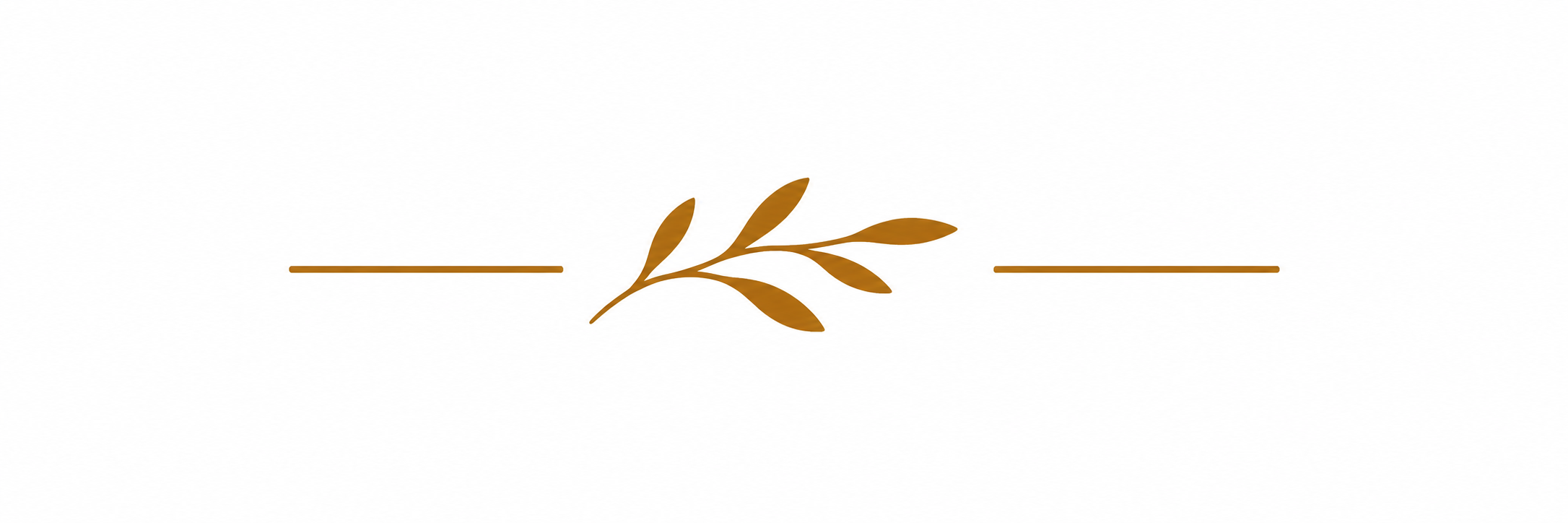 Simple decorative design with a gold leaf branch in the center, flanked by two horizontal gold lines on either side, on a white background.