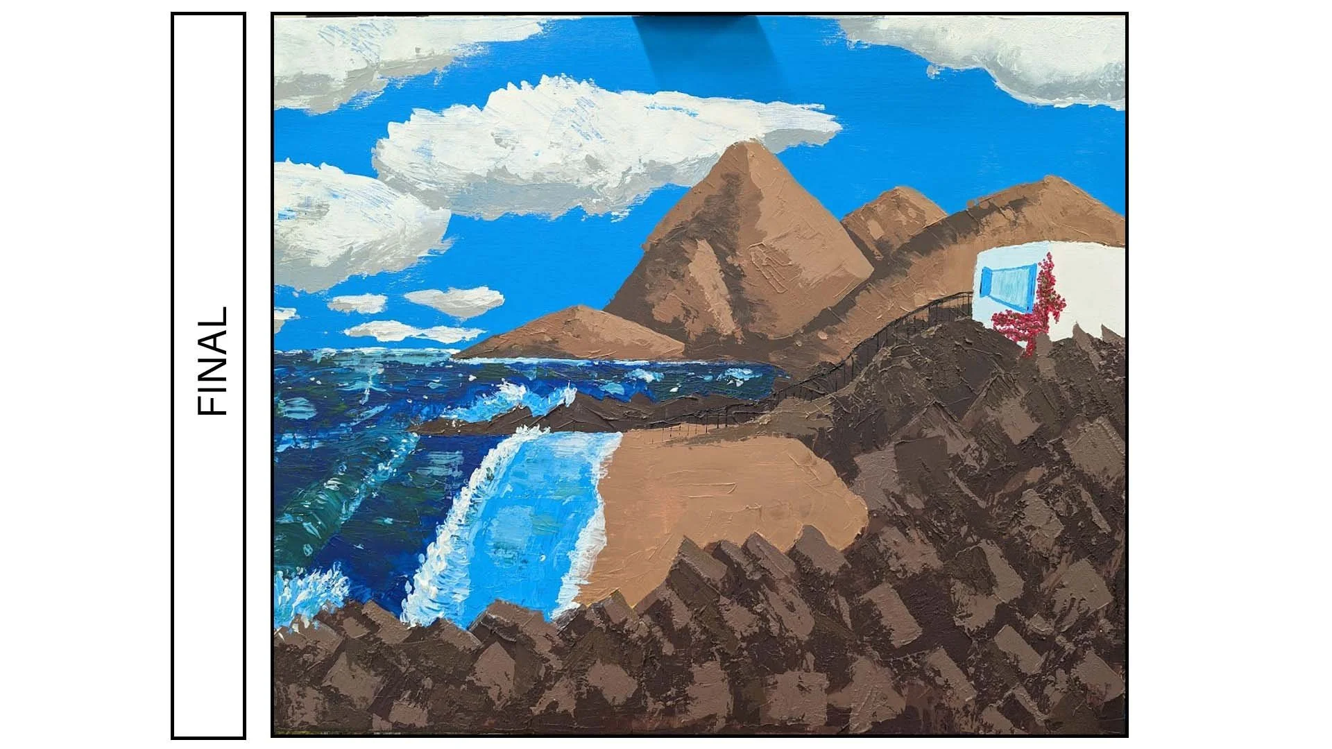 seascape inspired by Lanzarote Canary Islands. Sea Beach Volcanic Rock Painting Acrylic 3D Texture painted by Lizzie Roberta Designs