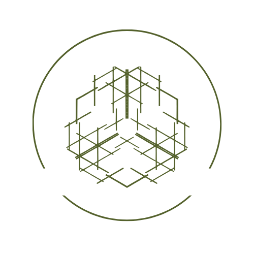 An abstract 3D expanding wireframe cube made of green lines with a circular outline surrounding it.